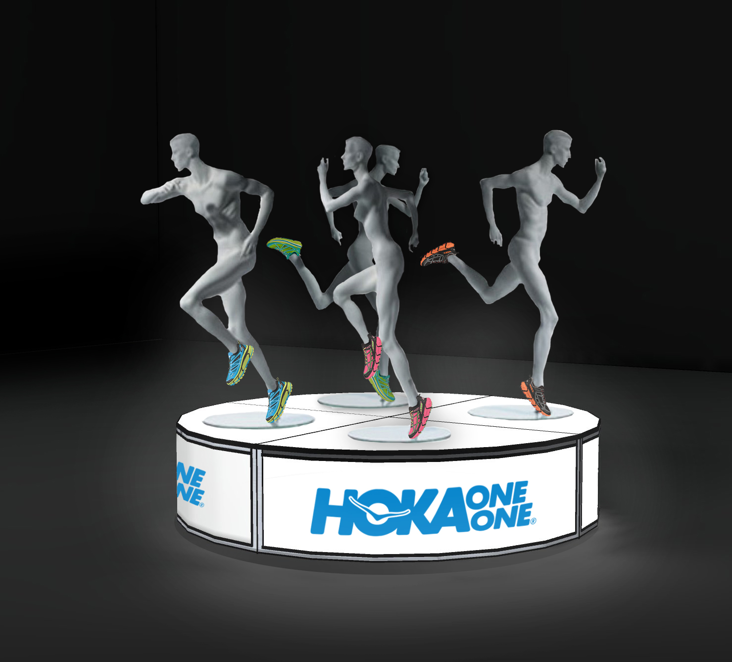 Branded mannequin display featuring running mannequins on a circular stage with HOKA One One logo and event lighting.