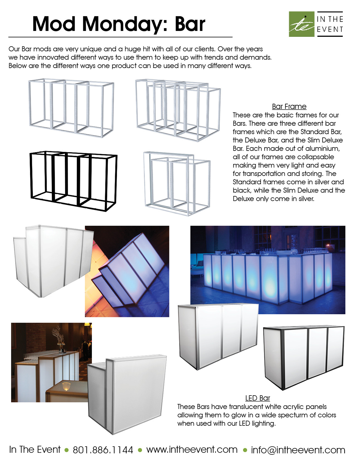 Modular event bar frames with translucent acrylic LED panels glowing in multiple colors for modern event decor.