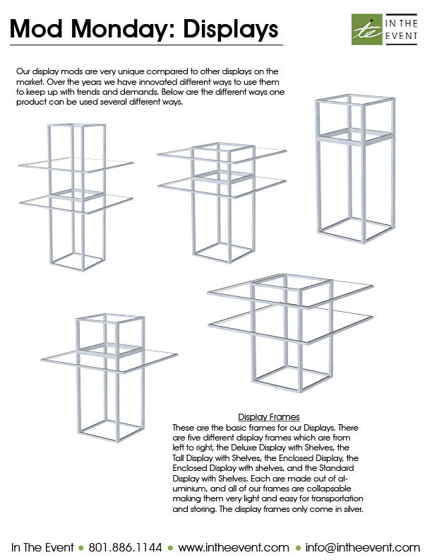 Collapsible aluminum modular display frames with shelf options, available in multiple configurations for events and trade shows.