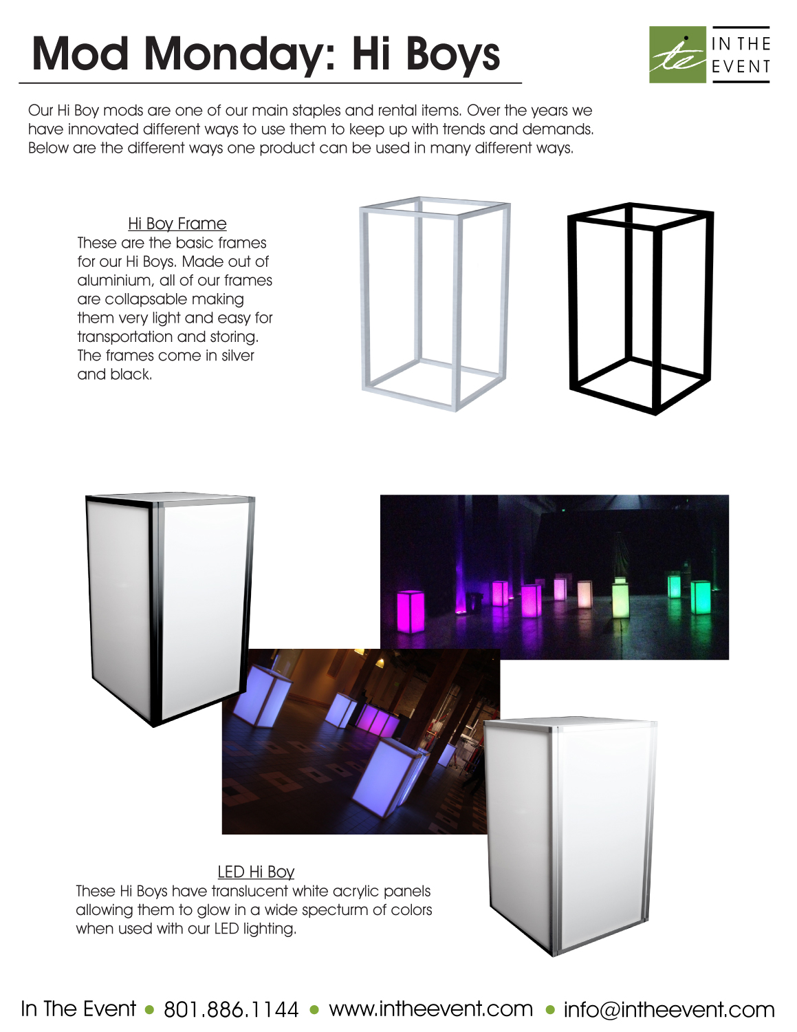 Modular hi boy frames and LED-lit hi boy tables with customizable panels for modern event design.