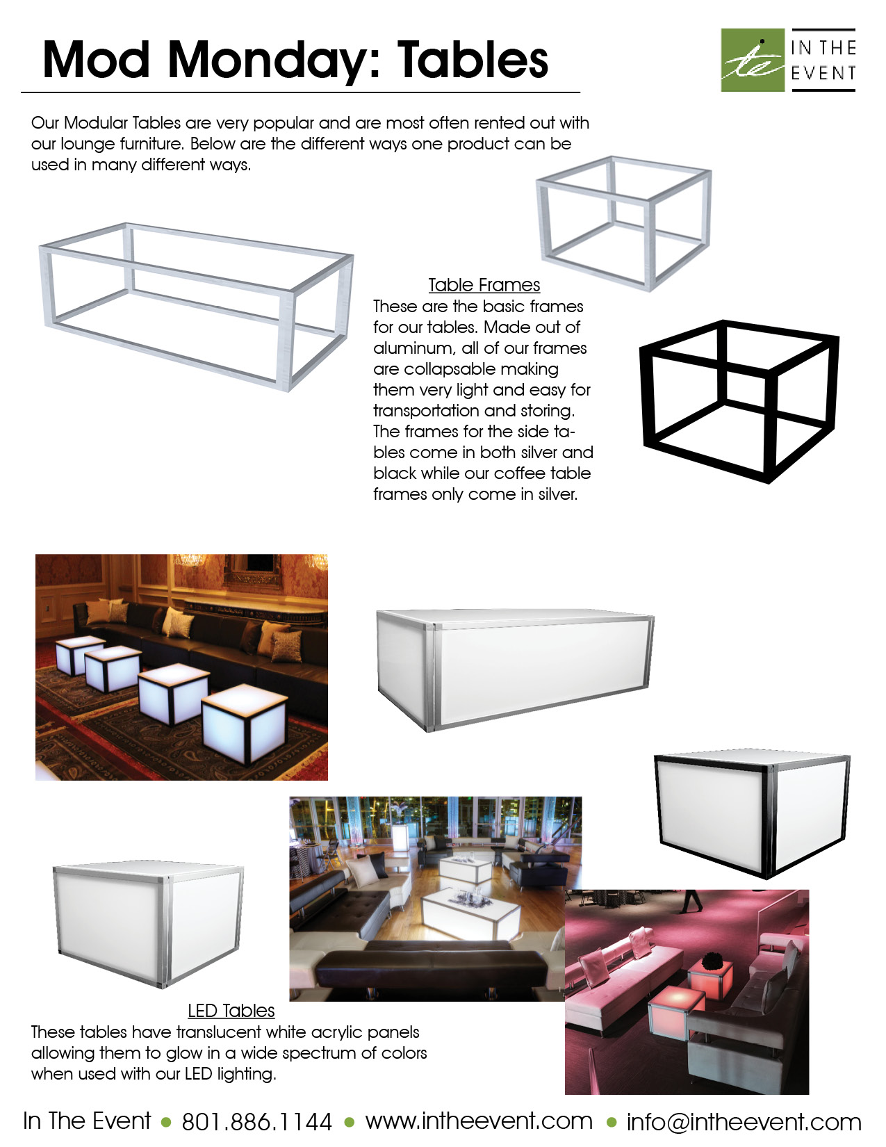 Modular event tables with aluminum frames and LED acrylic panels glowing in multiple colors at lounge setups.
