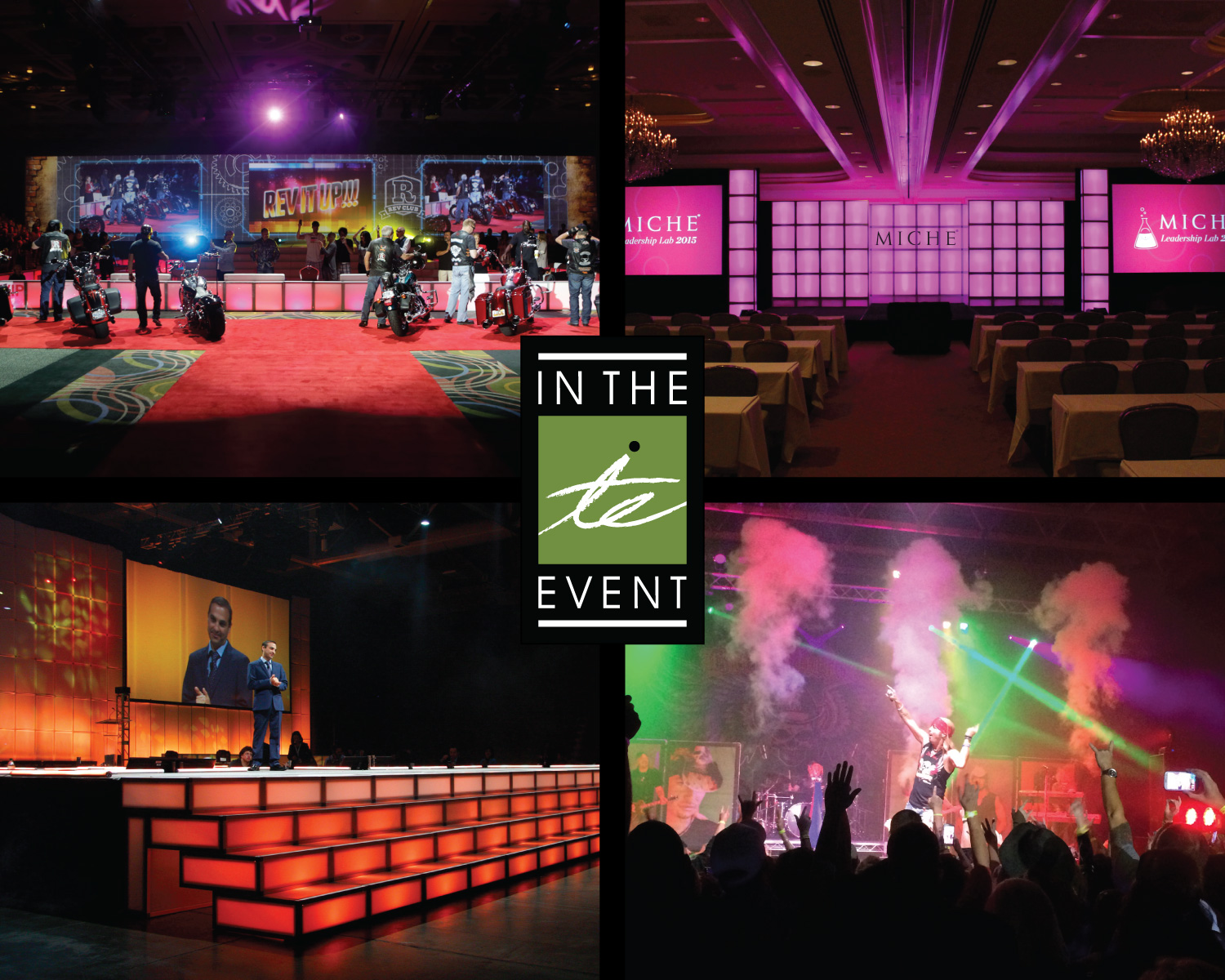 Modular LED stage setups for concerts, corporate events, and conferences featuring illuminated walls, podiums, and custom staging.