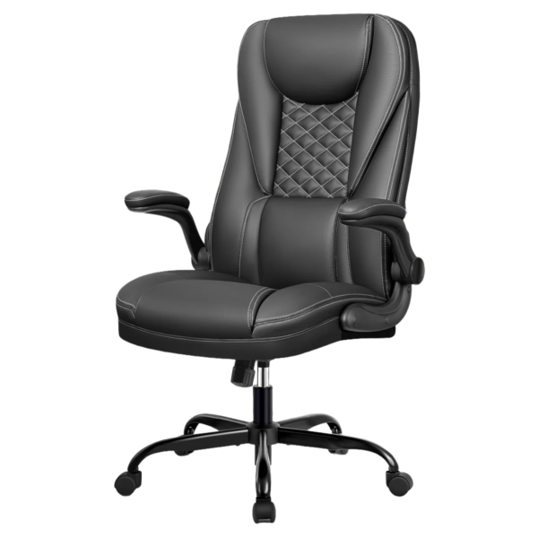 Black leather executive chair rental with diamond-stitched high back, padded flip-up armrests, adjustable height, and rolling caster base, styled in a modern office setting — available for corporate event, networking seminar, and professional seating rentals from In The Event.