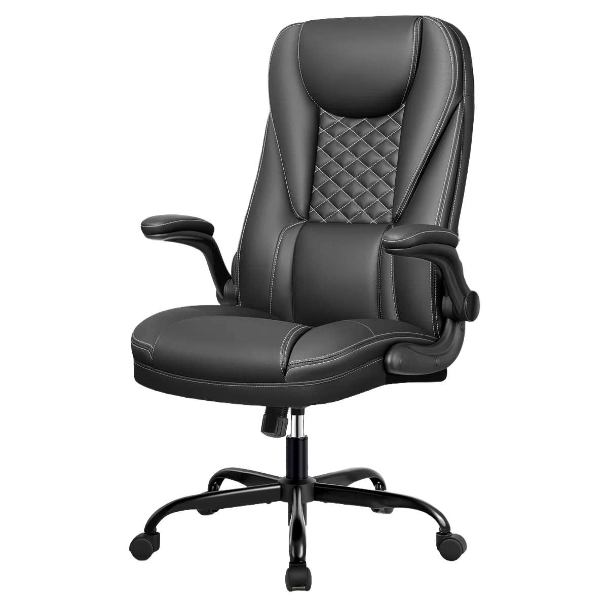 Black leather executive chair rental with diamond-stitched high back, padded flip-up armrests, adjustable height, and rolling caster base, styled in a modern office setting — available for corporate event, networking seminar, and professional seating rentals from In The Event.