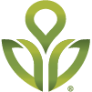 A green abstract flower logo, possibly representing a stylized plant or a design element.