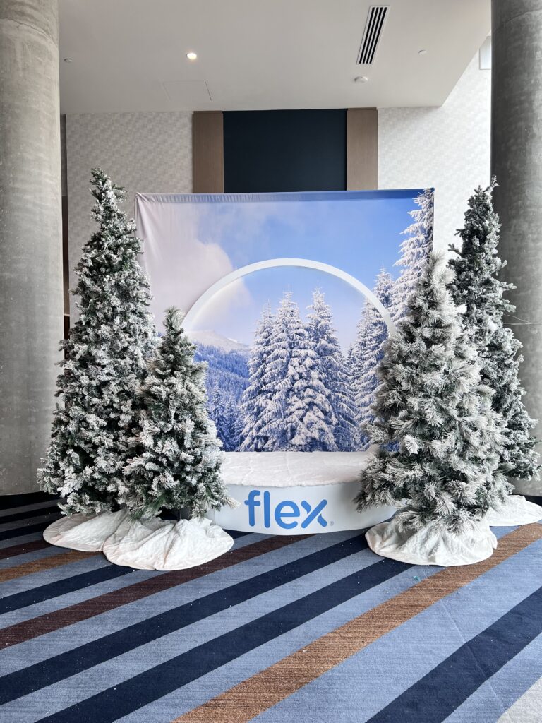 Branded winter-themed photo backdrop with snow-covered trees and frosted Christmas trees.