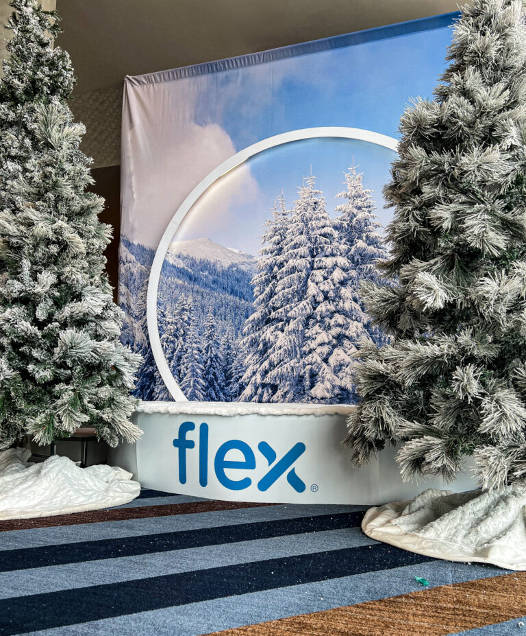 Branded winter-themed photo backdrop with snow-covered trees and frosted Christmas trees.