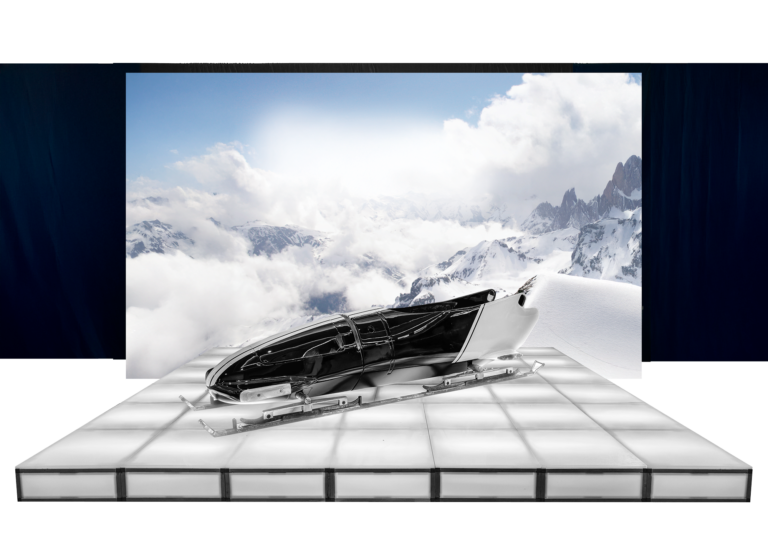 Displayed bobsled on an LED platform.