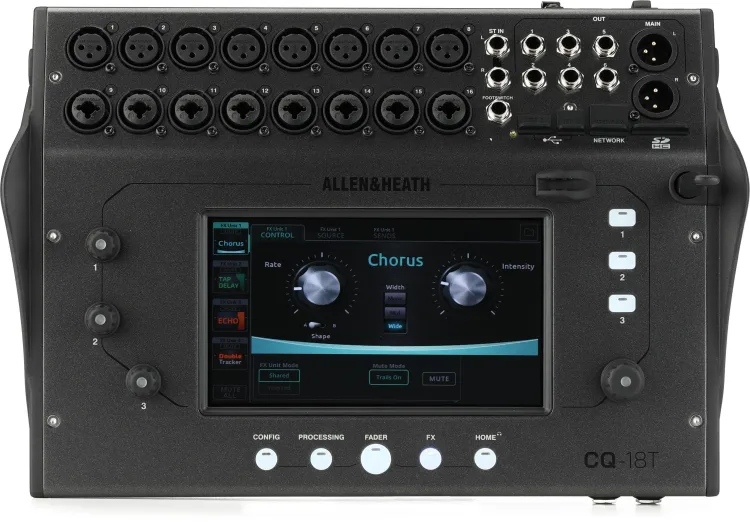 Allen & Heath CQ-18T digital mixer featuring 16 combo XLR/TRS inputs, touchscreen display with chorus FX settings, and compact design for live sound control.
