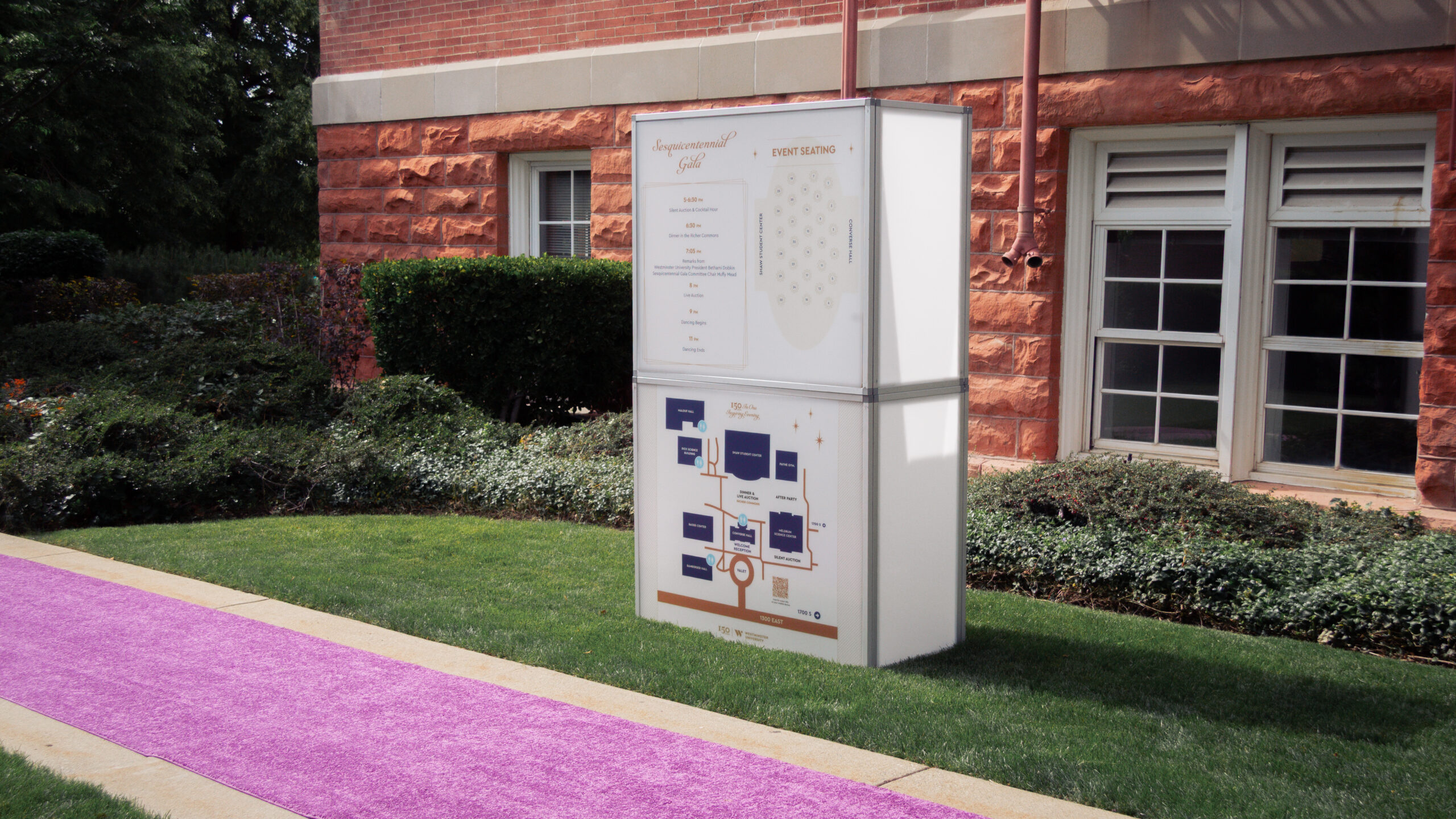 Westminster University Sesquicentennial Gala, wayfinding LED mod with printed event schedule and campus map