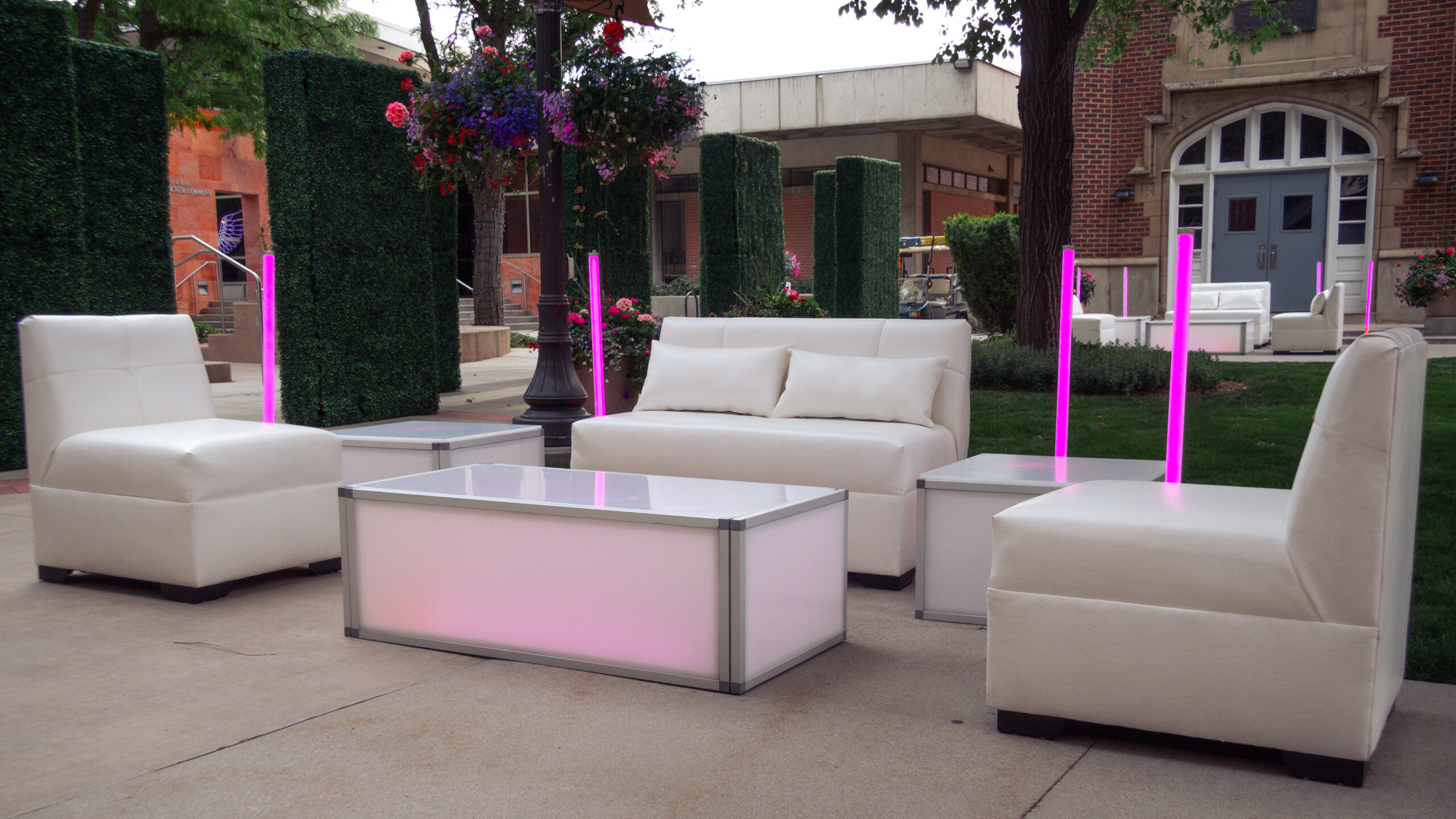 Westminster University Sesquicentennial Gala — white LED lounge at dusk