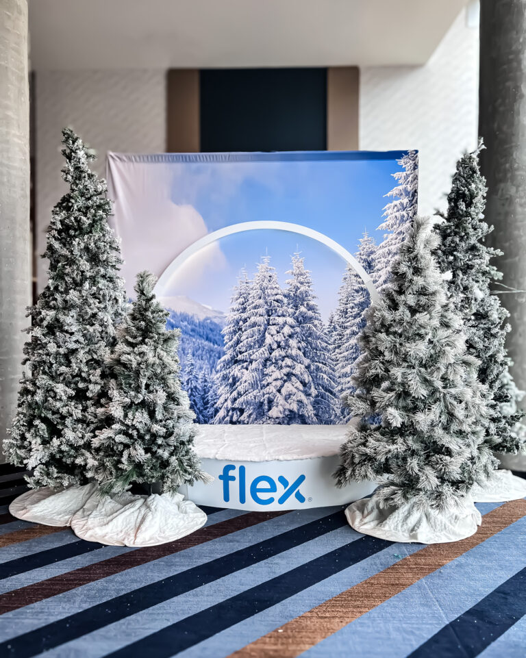 Snow globe photo backdrop with frosted pine trees and a winter mountain scene at the Flex Holiday Party.