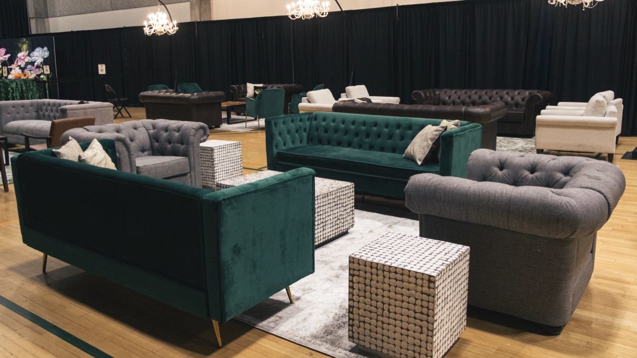 UVU President's Scholarship Ball 2025 — reception lounge areas with velvet sofas