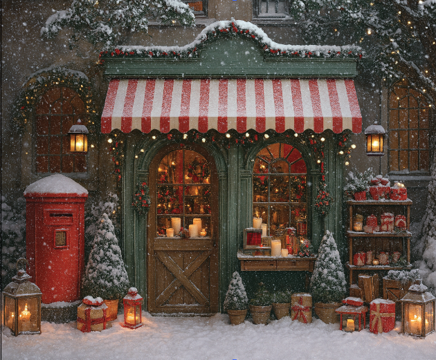Winter holiday market backdrop featuring a European Christmas storefront with striped awning, snow, lanterns, candles, wrapped gifts, and festive seasonal décor