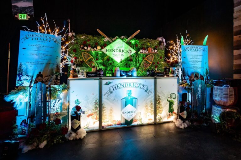 Hendrick’s Gin chalet-style bar installation at Sundance, featuring illuminated bar fronts, winter décor, LED lighting, and custom scenic rentals by In The Event.