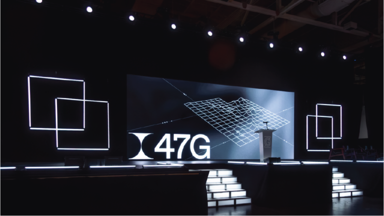 LED Screen Rentals stage with metal podium custom graphics LED mod stairs and tube lights for 47G Zero Gravity Summit Salt Lake City Utah by In The Event