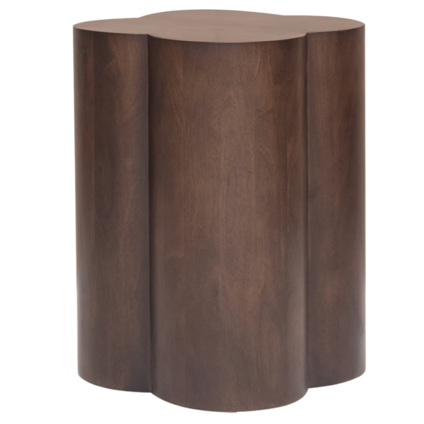 Clover side table base showing sculptural cylindrical forms and warm wood finish for Event Furniture Rentals