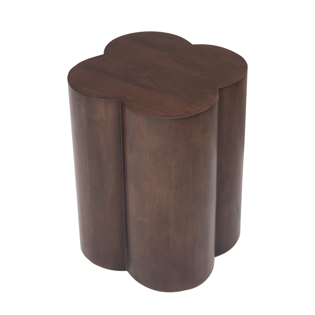 Clover side table with sculptural clover shaped top and warm wood finish for Event Furniture Rentals