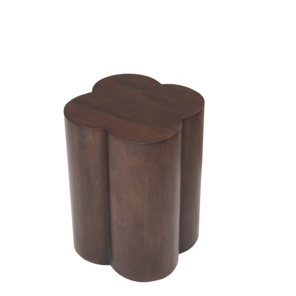 Clover side table with sculptural clover shaped top and warm wood finish for Event Furniture Rentals