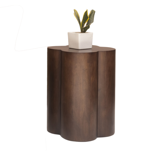 Clover side table with clover shaped wood top styled with small plant for Event Furniture Rentals