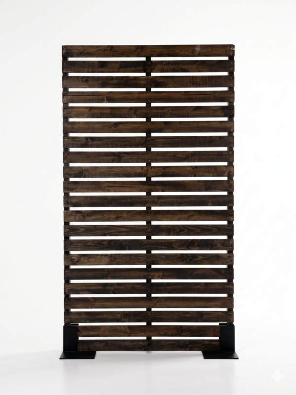 Freestanding dark stained wood pallet wall panel on black metal base for rustic themed event decor rentals and corporate event production in Salt Lake City Utah