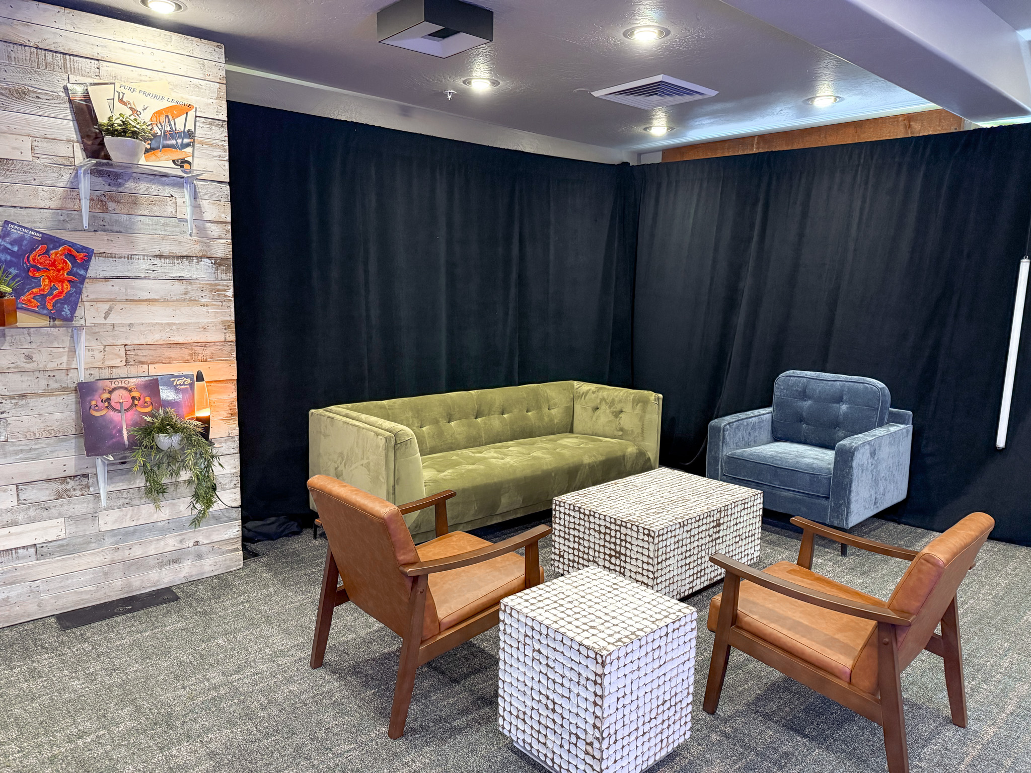 Custom lounge setup with pipe and drape backdrop at event produced by In The Event Salt Lake City Utah