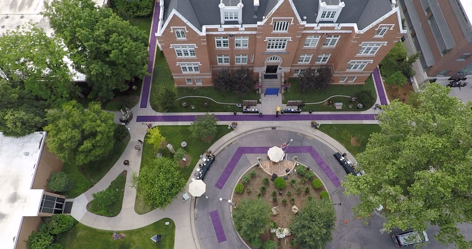 Westminster University Sesquicentennial Gala, arrival lounge on campus lawn at dusk