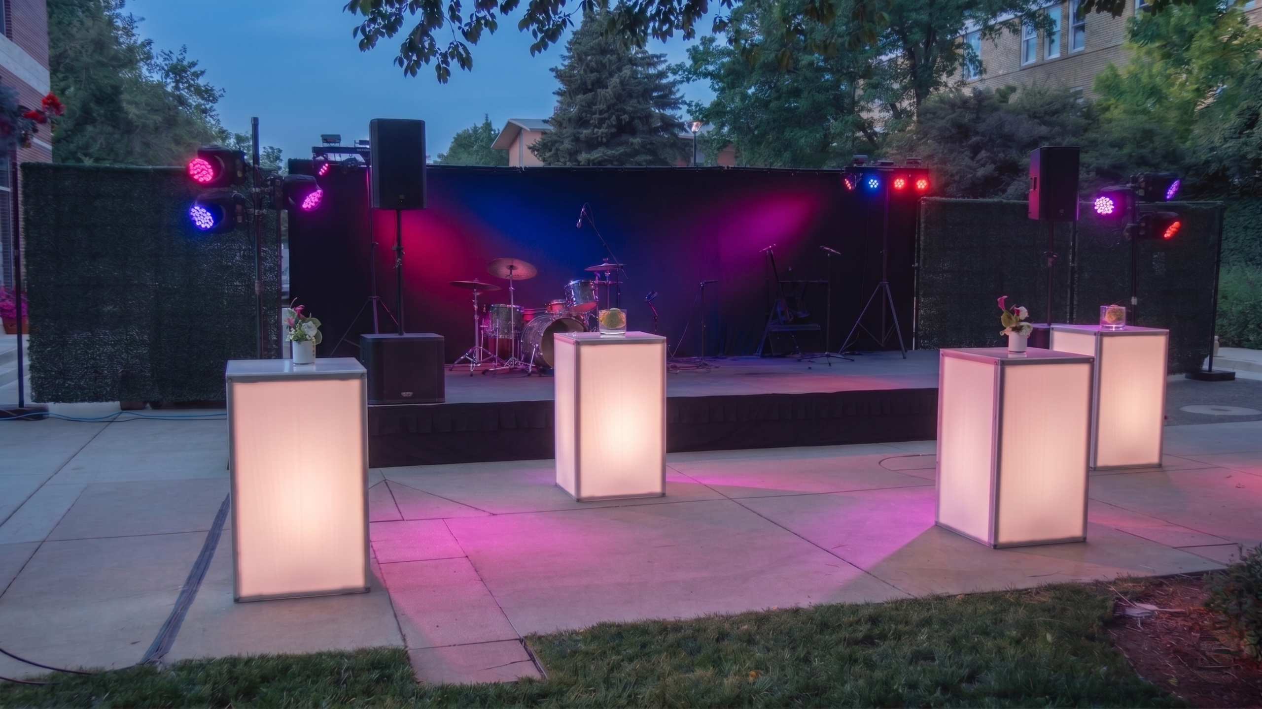 Westminster University Sesquicentennial Gala, outdoor entertainment stage with lighting rig and LED elements