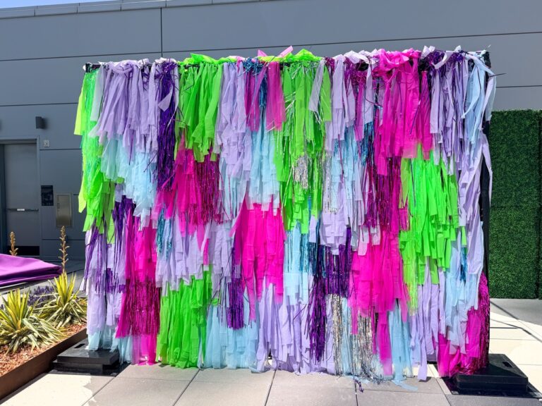 Custom outdoor fringe backdrop featuring layered neon fabric and metallic streamers for an interactive corporate event photo experience.