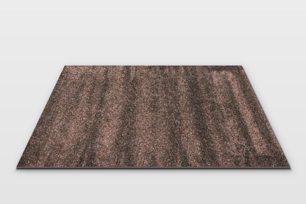Mottled brown shag event rug measuring 6.5 by 4.5 feet, isolated studio render