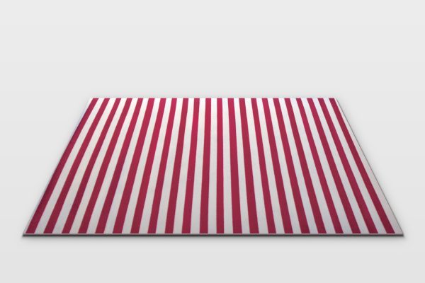 Bold red and white striped event rug measuring 7.5 by 5 feet, isolated studio render