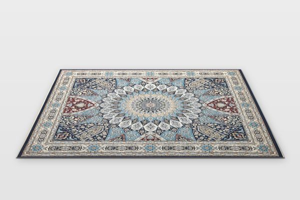 Ivory and blue star medallion event rug with red accents, measuring 20 by 12 feet, isolated studio render