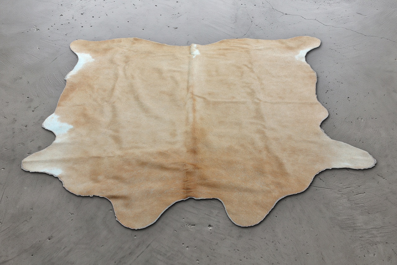 Solid light tan cowhide rug, approximately 7 feet, shown on a concrete floor