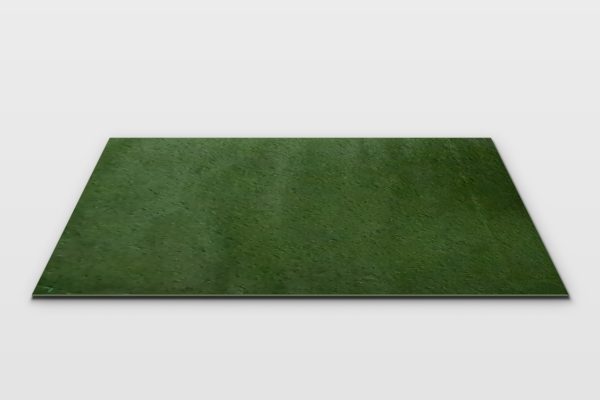 Green artificial turf event rug measuring 76 by 40 inches, isolated studio render