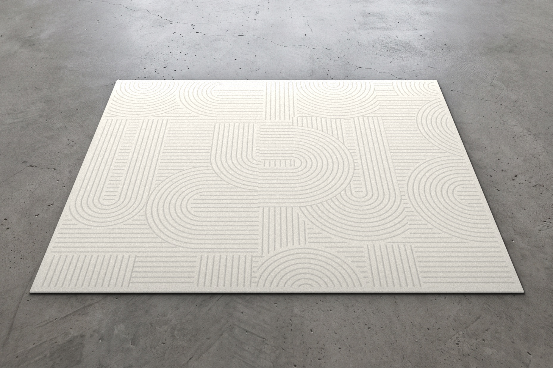 A 10x8 ft modern white area rug with contemporary geometric line patterns, laid out on a polished gray concrete floor.