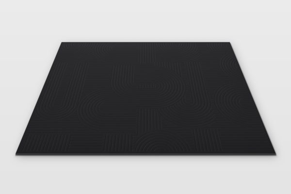 A 10x8 ft modern black area rug featuring contemporary geometric line patterns, displayed on a clean studio background.