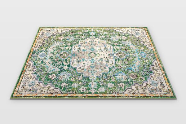 A 10x8 ft oriental green area rug featuring an intricate traditional medallion pattern, displayed on a clean studio background.