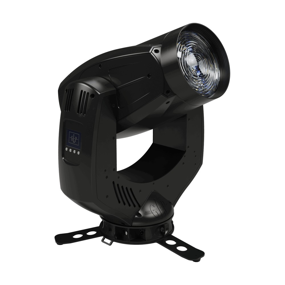 Black GLP impression S500 Wash moving head fixture on a floor mount with the lens angled upward
