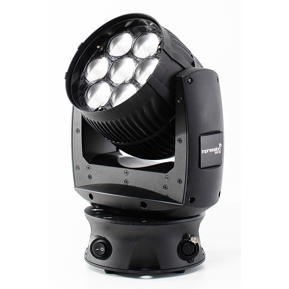 Black GLP impression X4 S LED wash light with seven round LED lenses on a tilted head