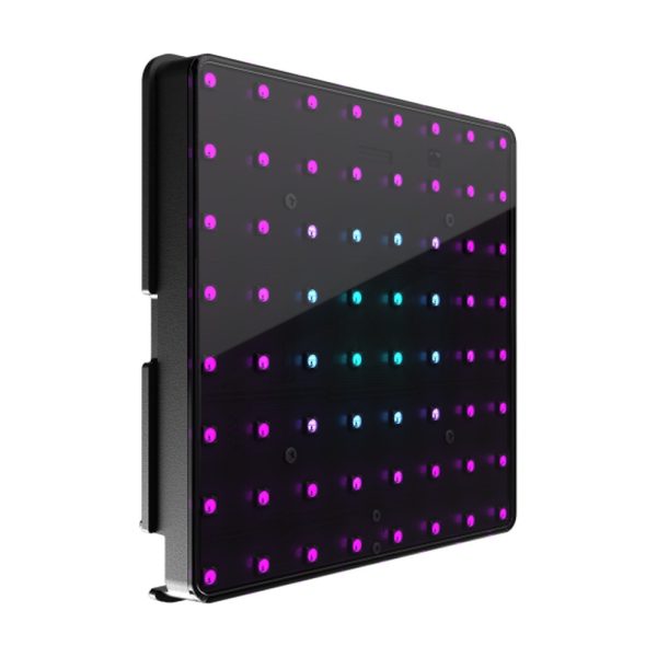 Angled view of a Nexus Square LED panel with magenta and teal pixels lit