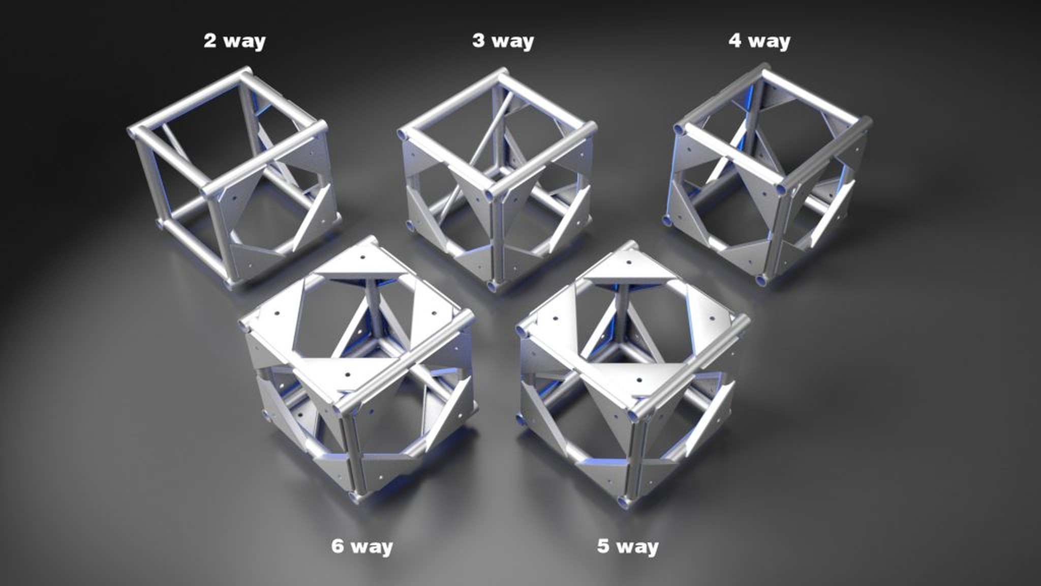 Silver 5-way truss corner block with five connection faces and tubular edges